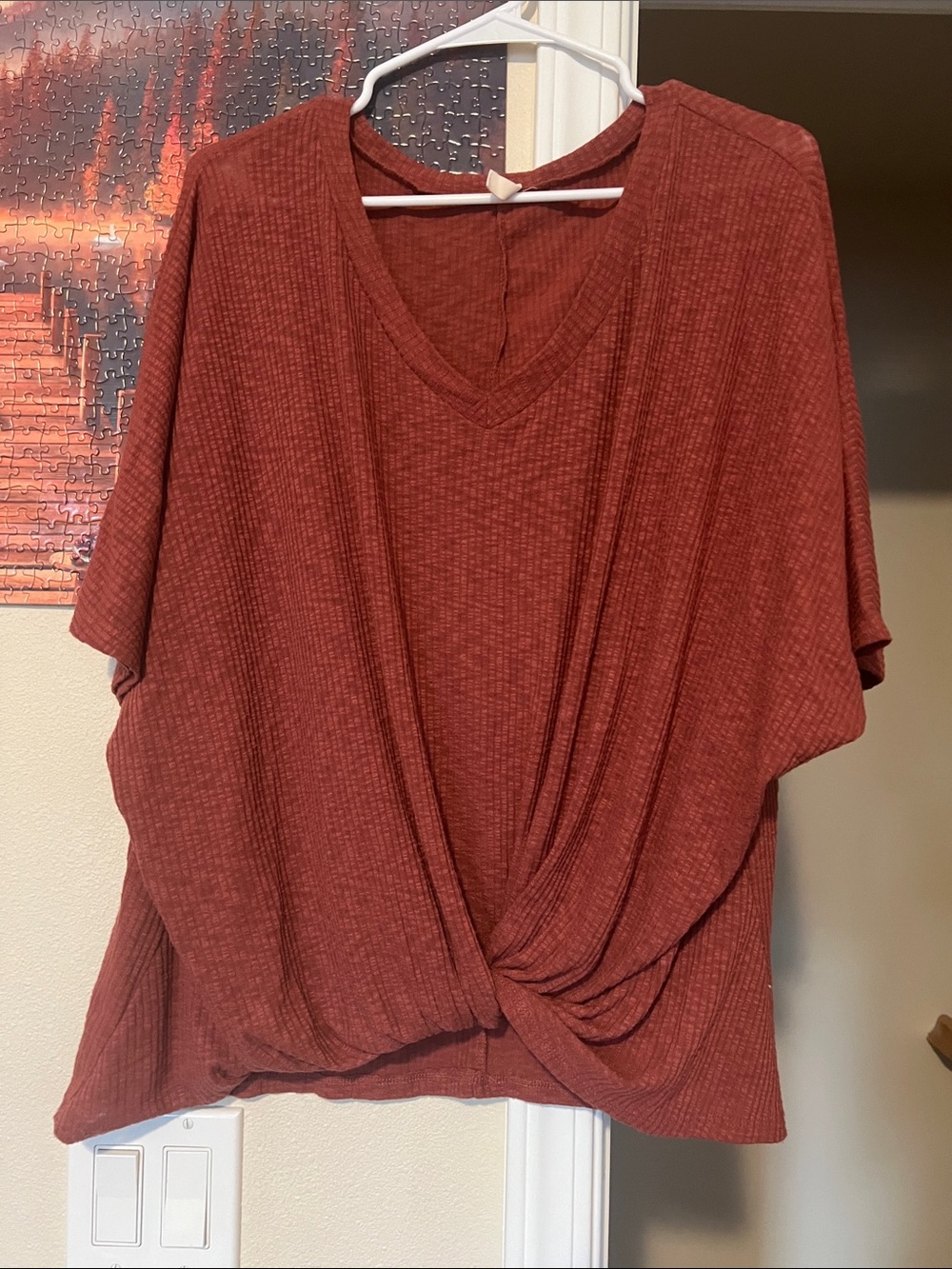 Pinkblush Rust Knot-Front V-Neck Short Sleeve Top